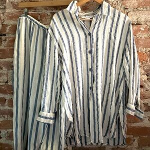 Vintage Striped Blue and White Button-Up Shirt and Pants Set